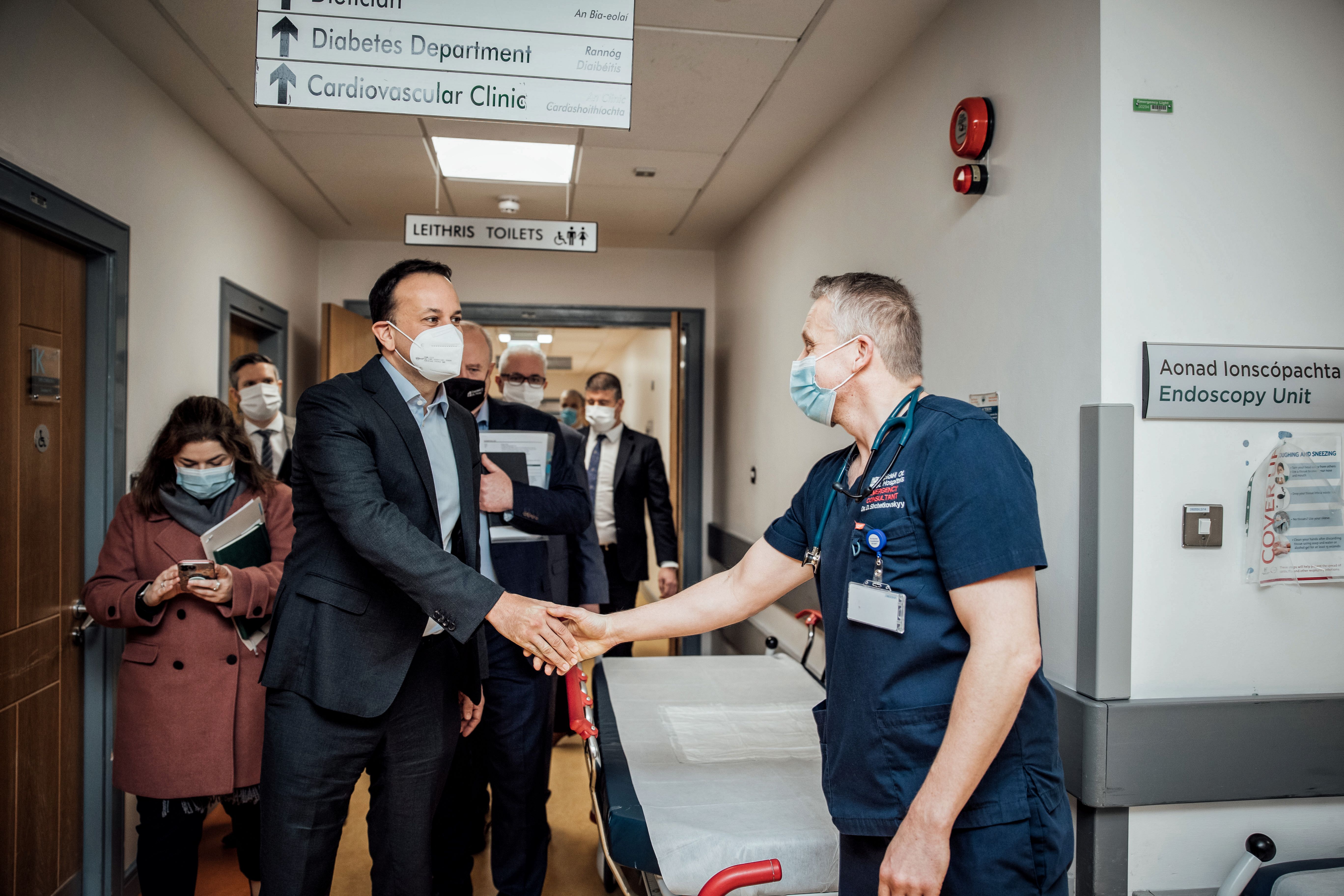 Dr Denys Shchetkovskyy, Consultant in Emergency Medicine, UL Hospitals Group, greets An Taoiseach Leo Varadkar at the Emergency Department at University Hospital Limerick.