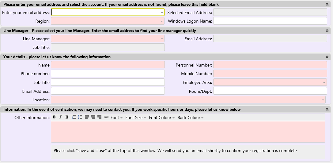 Self service registration form image